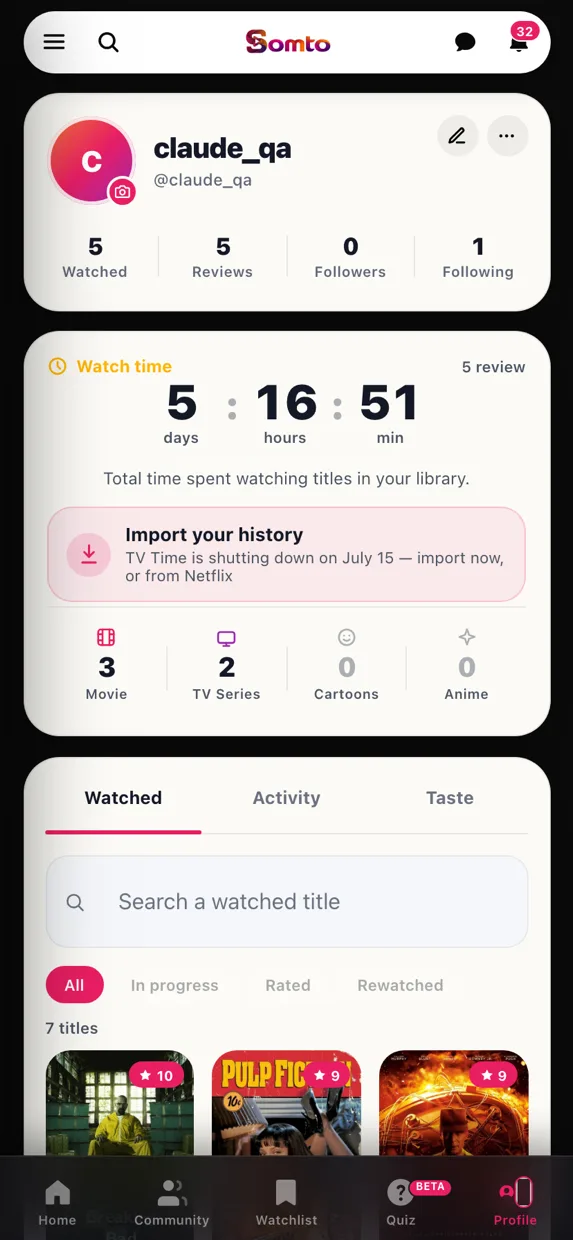 A Somto profile with hours watched, rated titles and library