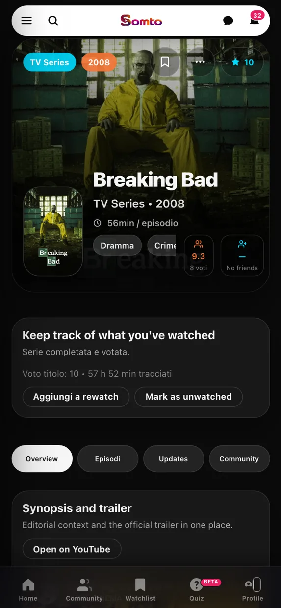 The Breaking Bad page on Somto with your rating and the community rating