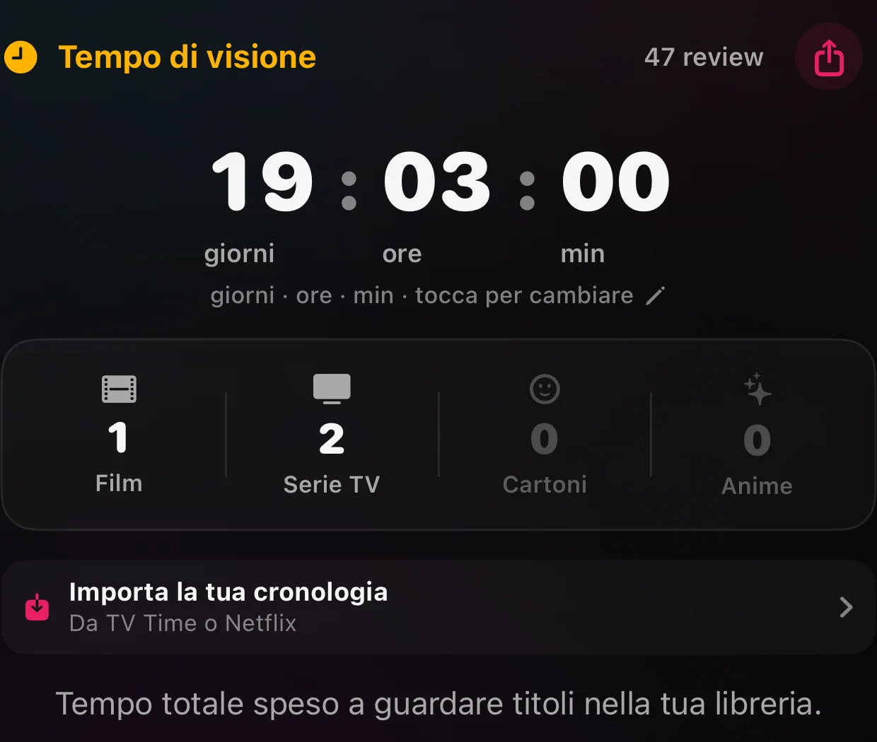 Il tempo di visione nel profilo di Somto: giorni, ore e minuti passati a guardare, film e serie visti, e il tasto per importare la cronologia da TV Time o Netflix