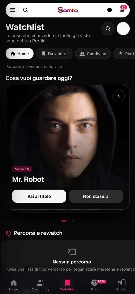 La watchlist di Somto con i titoli salvati e il suggerimento per stasera
